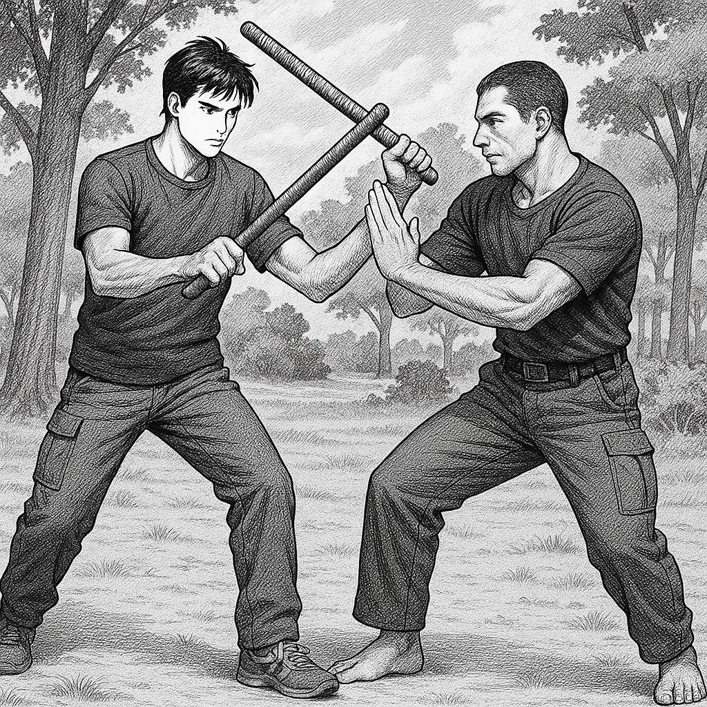 Two men practicing stick fighting in the park.