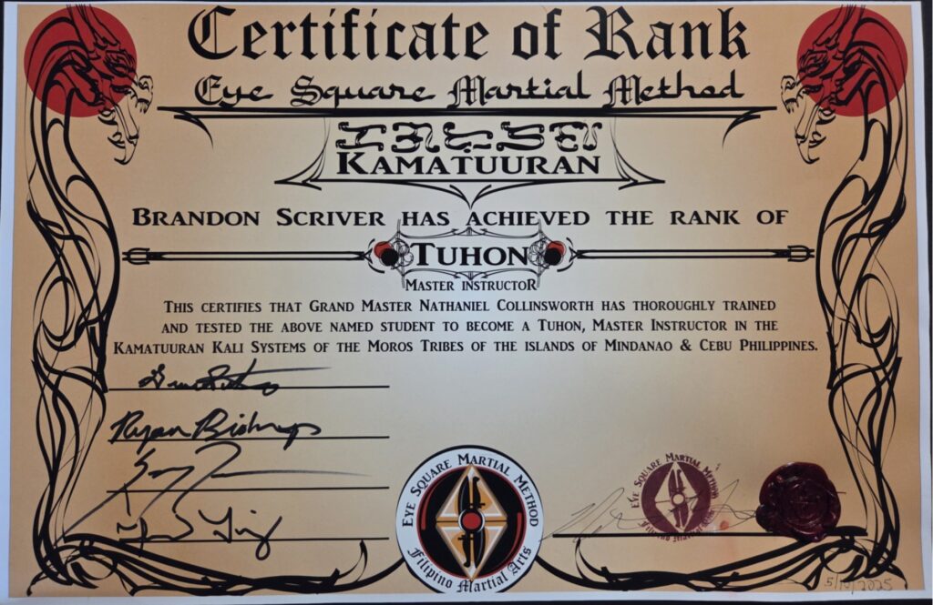 Brandon Scriver's certificate recognizing him as the rank of Tuhon (Master Instructor).
